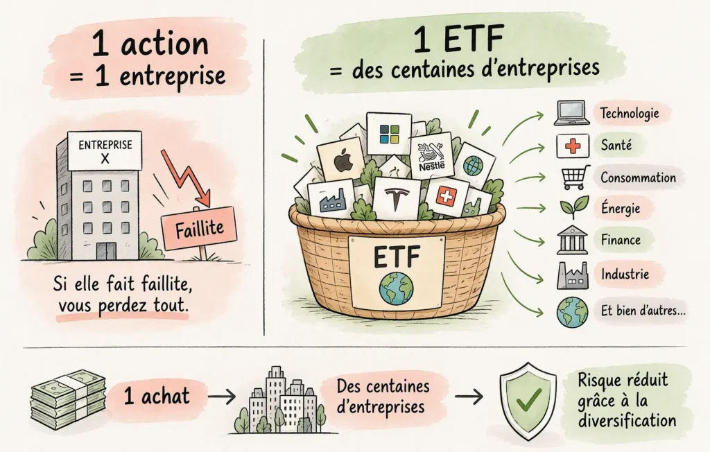 Les ETF, c’est quoi au juste ?
Derrière ce terme barbare se cache un outil parfaitement adapté au grand public pour faire fructifier son capital en toute simplicité. Les ETF, ou Exchange Traded Funds, sont des fonds négociés en bourse qui fonctionnent comme un panier contenant des centaines, voire des milliers d’actions ou d’obligations.
Au lieu d’acheter un titre individuel et de subir un risque immense sur une seule entreprise, un ETF vous permet d’acheter une parcelle de l’économie mondiale en une seule transaction. De plus, ces fonds automatisés se distinguent par des frais de gestion extrêmement bas, bien loin des commissions gourmandes prélevées par les banques traditionnelles.
Pourquoi la diversification protège votre capital
Cette approche résout le principal danger de la bourse grâce à la diversification instantanée. L’idée s’avère limpide : si vous misez tout votre argent sur une unique entreprise de robotique et qu’elle fait faillite, vous perdez l’intégralité de votre investissement. Perdre ce capital équivaut alors à sacrifier des années de travail et d’effort d’épargne.
À l’inverse, en répartissant vos avoirs sur l’ensemble des marchés mondiaux, une faillite isolée n’impacte plus votre santé financière. Si une société s’effondre dans votre panier, d’autres acteurs prennent le relais ou profitent du déplacement de la consommation. Par conséquent, votre portefeuille reste globalement stable malgré les crises individuelles, ce qui vous permet de traverser les tempêtes boursières en toute sérénité.