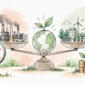Balance représentant les investissements ESG avec d’un côté des industries polluantes et de l’autre des énergies renouvelables, entourée de symboles d’épargne durable et de finance éthique.