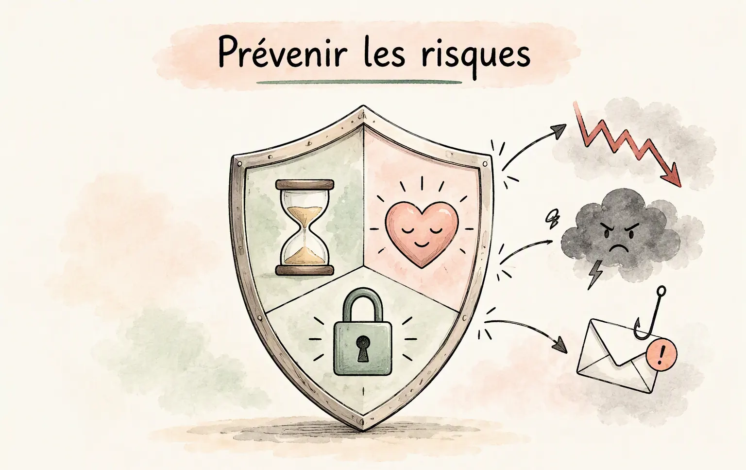 Illustration dessinée à la main représentant un grand bouclier divisé en trois symboles : sablier, cœur apaisé et cadenas, protégeant contre la volatilité des marchés, la panique et les tentatives de fraude en ligne.