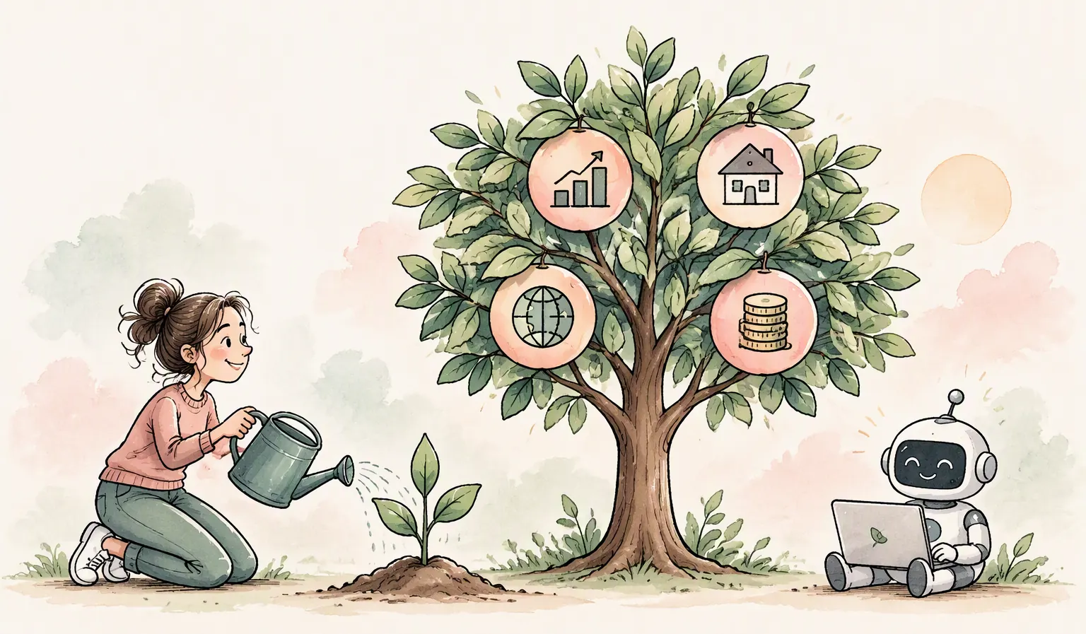 Illustration de l’épargne par investissement montrant une personne qui fait pousser un arbre financier avec diversification, ETF, croissance du patrimoine et automatisation via un robot-advisor.