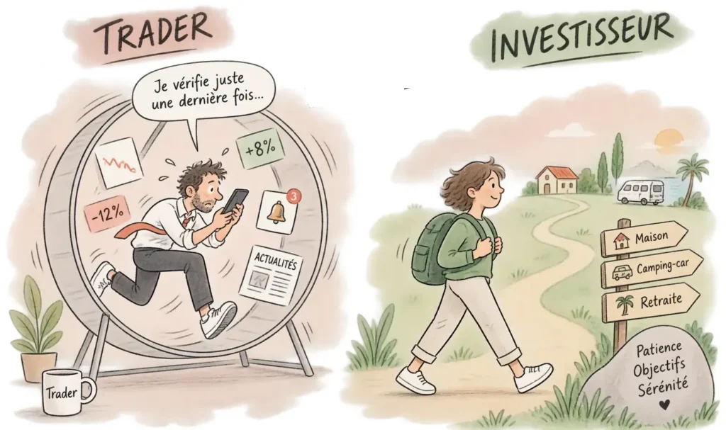 Un trader qui court dans une cage à hamster avec des notifications, journaux, 8%, -12%, courbes graphiques. A côté, une personne marche paisiblement dans une prairie qui l'amène à ses objectifs: camping-car, maison, retraite. C'est l'investisseur. 